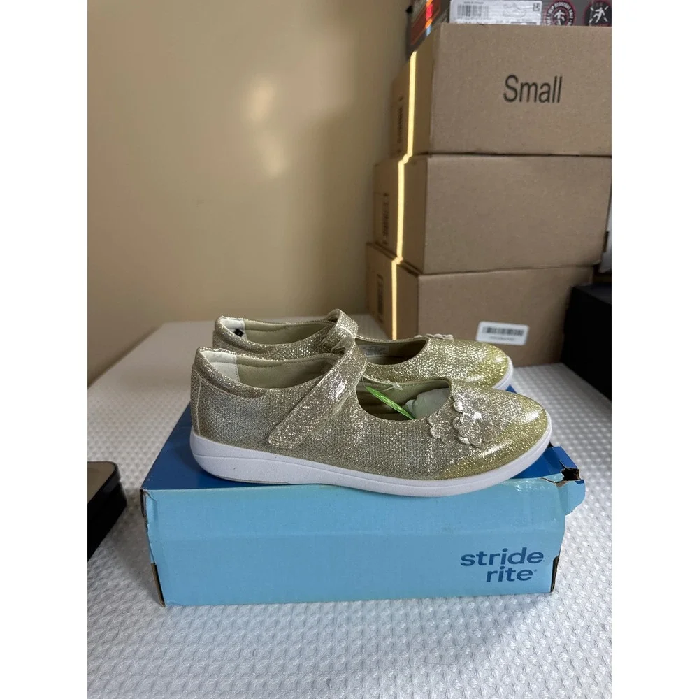 Stride Rite Mary Jane Kids 2M Holly Champagne Gold Glitter Flower NIB